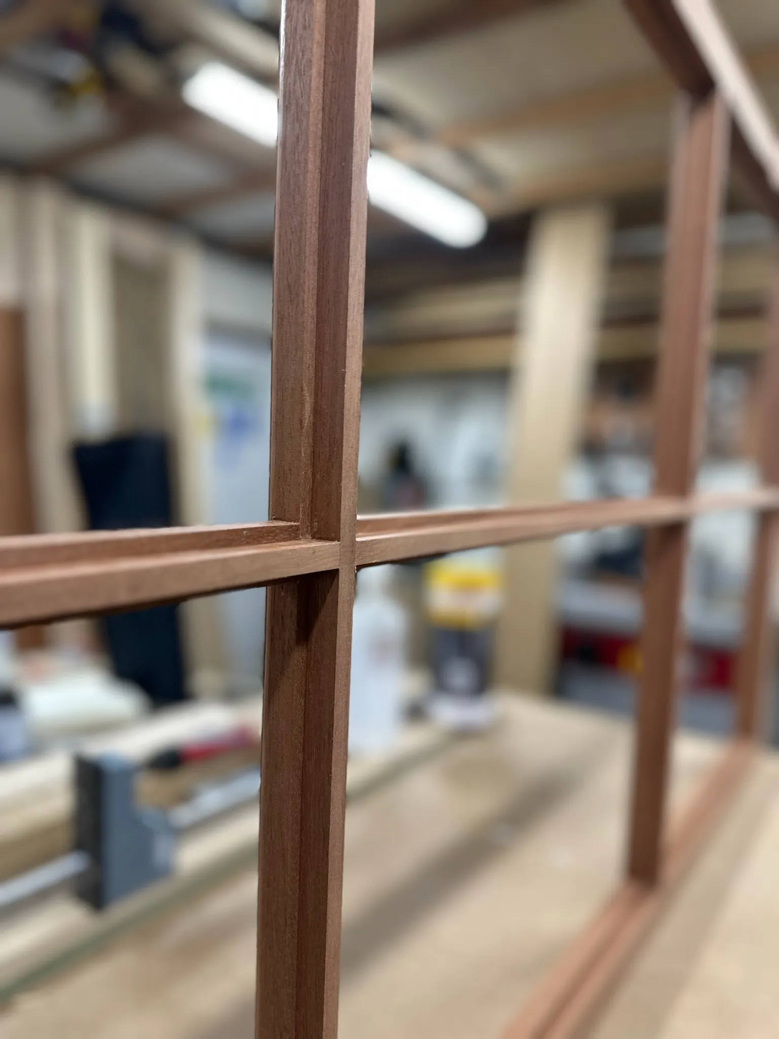 A close up of a wooden structure in a building.