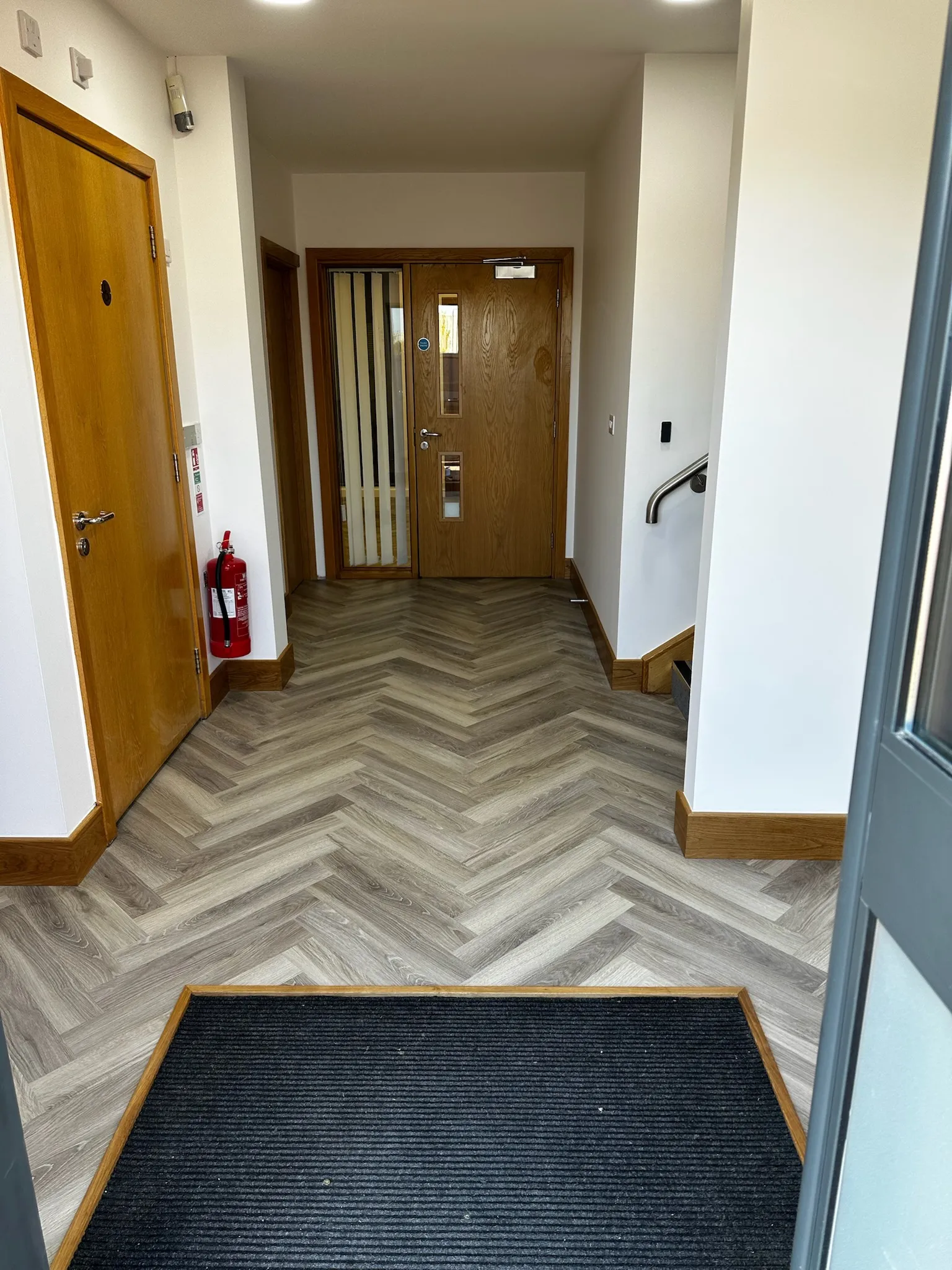 A hallway with a door and a black mat on the floor.